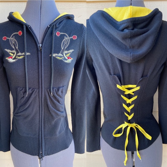 Sourpuss Sweaters - Sourpuss Embroidered Lace-up Back Hoodie Sweater